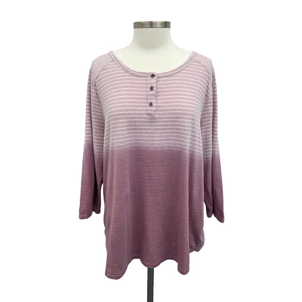 CJ Banks Womens Striped 3/4 Sleeve Shirt Top Size 1X Mauve Casual Cotton Blend